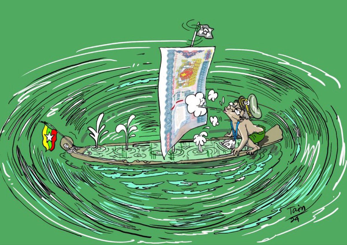 crystalkeyl's tweet image. Weekly Cartoon: The tiny dictator on his sinking ship blowing on his new 10,000 kyat banknotes to stop it from going down.
#WhatsHappeninglnMyanmar
#MilitaryCoupInMyanmar
#MInAungHlaing