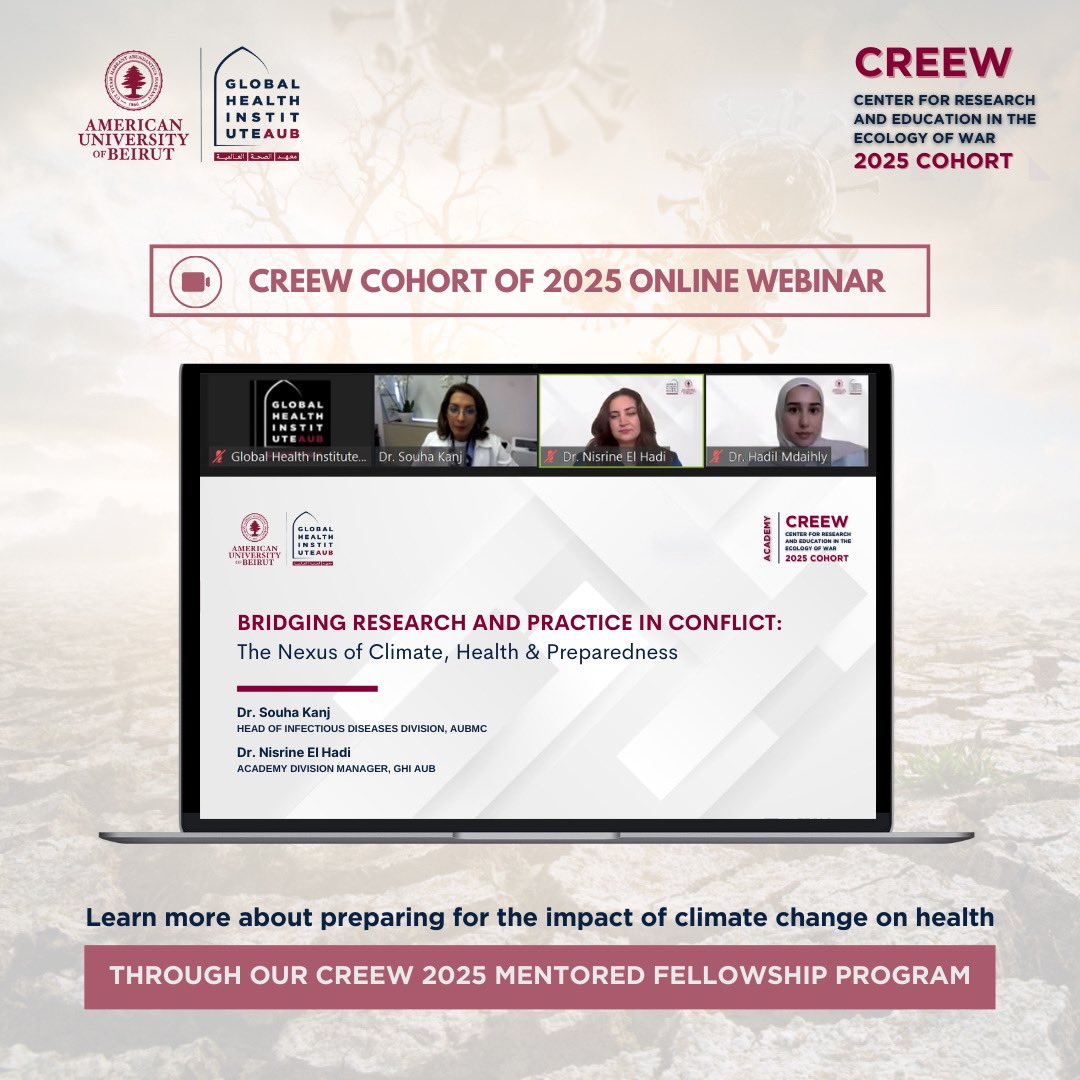 ghiaub's tweet photo. Missed our latest #webinar? 💻
🔹 Catch up on #CREEW webinar, focusing on ‘Bridging #Research and Practice in #Conflict: The Nexus of #Climate, #Health & Preparedness’ with insights from Dr. Souha Kanj and Dr. Nisrine El Hadi.
Discover strategies for addressing #ClimateChange's impact on health through the CREEW 2025 mentored fellowship program.
👉🏻 Watch the full video on YouTube: https://t.co/ixyTpOmhnz
👉🏻 Learn more about CREEW and apply to the 2025 cohort: https://t.co/s6hl0mEkmF
