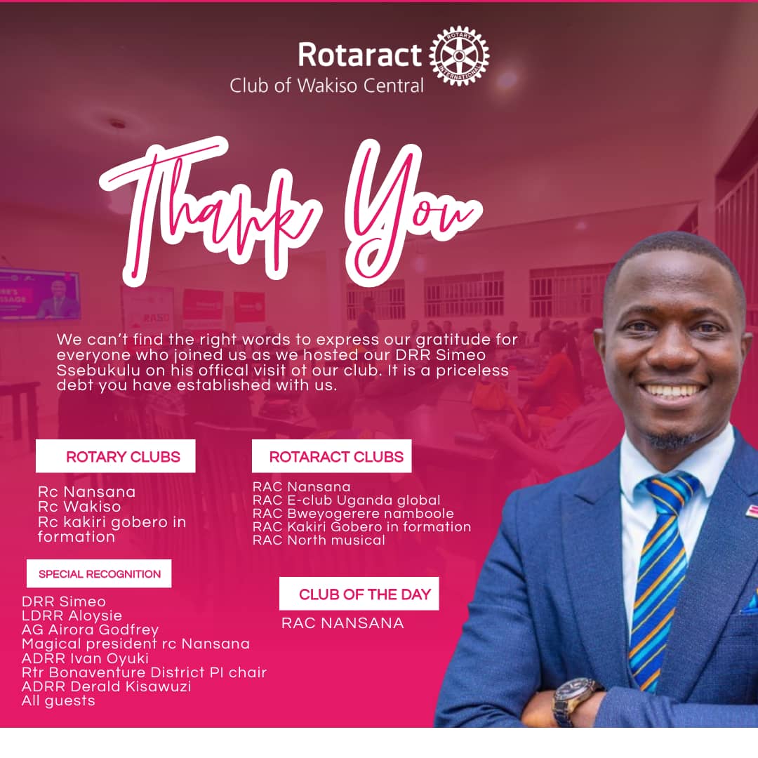 RctWakiso's tweet photo. APPRECIATION ๐๐
Gratitude for everyone who joined us as we hosted our DRR @SimeoSsebukulu
Rotary clubs๐๏ธ
@RcNansana
@RC_wakiso
Rotaract clubs ๐ฎ
@rctnansana
@eclubUgGlobal
@Destadia
RAC kakiri gobero in formation
@rctmusical
#ItsaSplendorThing https://t.co/hmGIcqtS1q