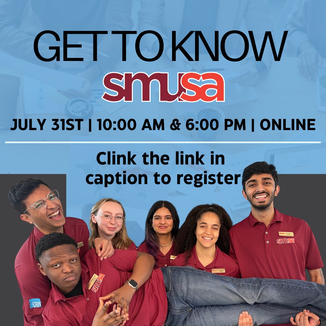 Get to know SMUSA! Meet our dedicated execs and discover our wide range of services. Connect with us and learn how we support you throughout your university journey. Can't wait to meet you! 

forms.gle/6AmhTpF4yidnJQ…