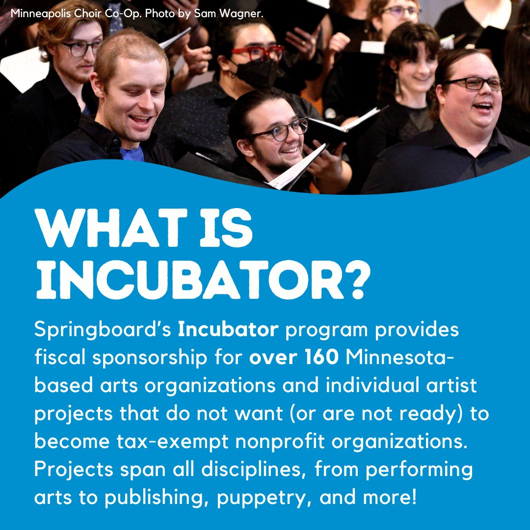 SpringboardArts's tweet image. 💭 Did you know that Springboard’s Incubator fiscal sponsorship program supports over 160 MN-based arts organizations and projects?
Ranging from performing arts to publishing, puppetry, and more, Incubator allows these artists to grow at their own pace: springboardforthearts.org/grants-funding…