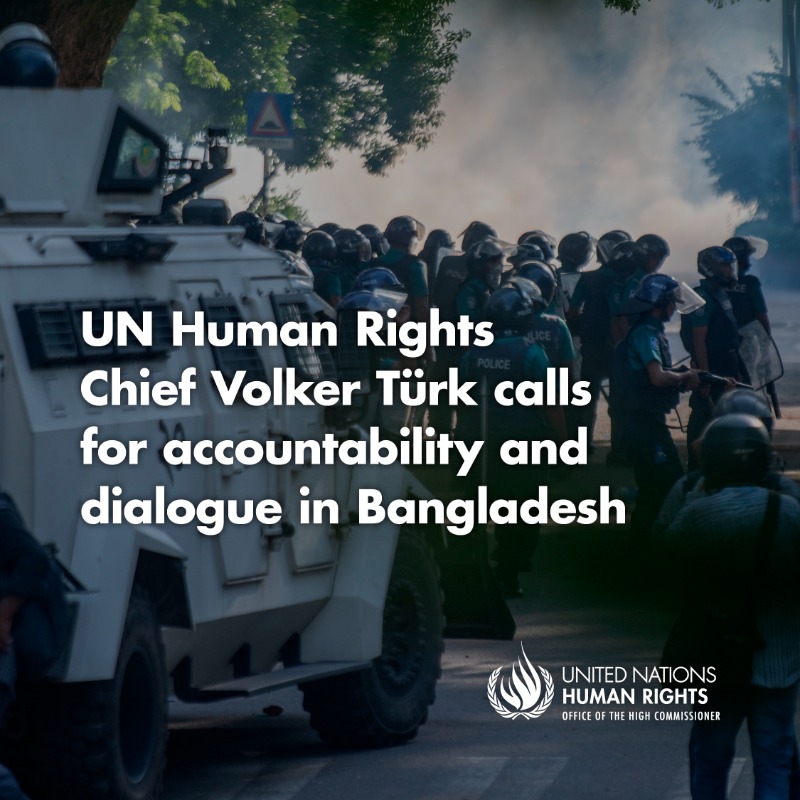 UNHumanRights's tweet photo. #Bangladesh: @volker_turk calls for accountability after reports of deadly violence.
 
All sides must exercise restraint &amp; security forces must ensure that use of force is in line with international human rights law.
 
Engaging young population is best and only way forward.