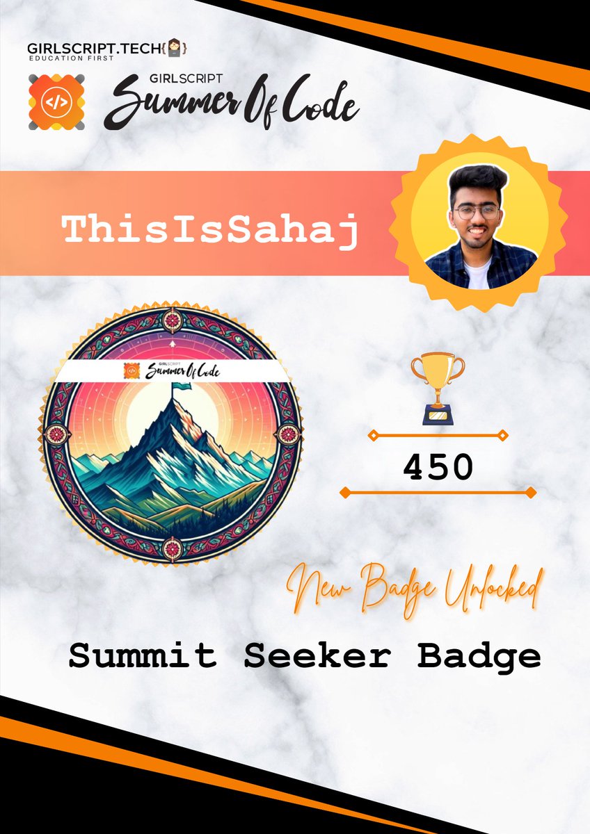 thisissahaj's tweet image. I have achieved 135 rank in @girlscriptsoc 
Leaderboard This has been quite an eventful journey so far with me starting in Open-source Contributions. I have done over 19 PR&apos;s since the start of this event and scored  450 points till now
#gssoc #gssocbadge #girlscript