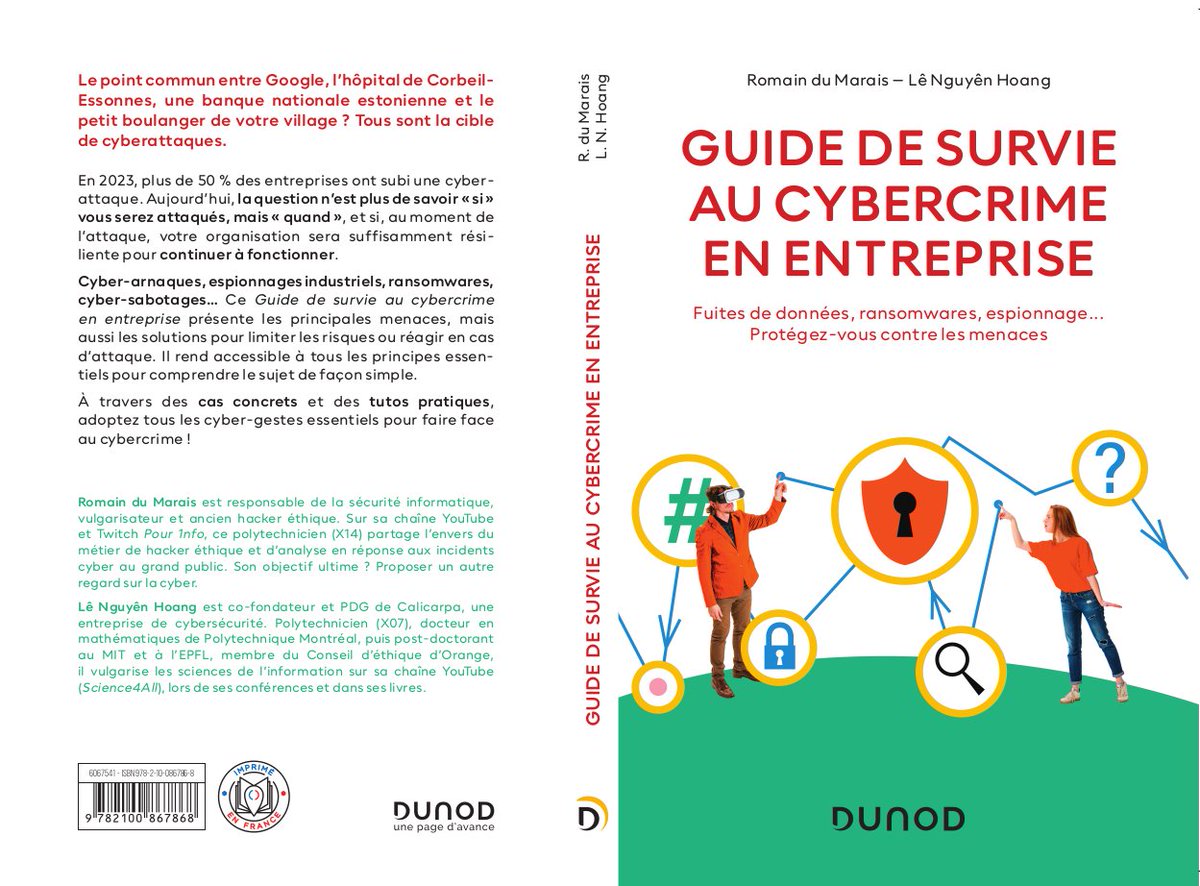 Aujourd'hui est un jour adéquat pour vous annoncer la sortie le 11 septembre 2024 de mon prochain livre, #GuideDeSurvieAuCybercrime (et aux pannes informatiques), co-écrit avec l'excellent <a href="/Romain_PourInfo/">Romain du Marais</a>, et publié chez <a href="/dunod_editeur/">Dunod, Armand Colin, InterEditions et Maxima</a> !
dunod.com/entreprise-et-…
