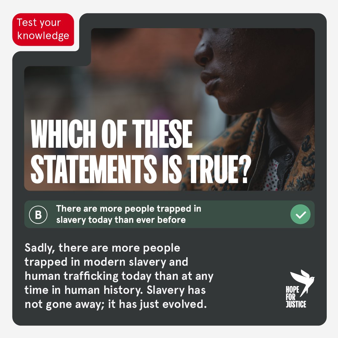 TEST YOUR KNOWLEDGE on Modern Slavery | Comment which statement you think is true &amp; swipe to see the correct answer ✔️

#HopeforJustice #ModernSlavery #TestYourKnowledge