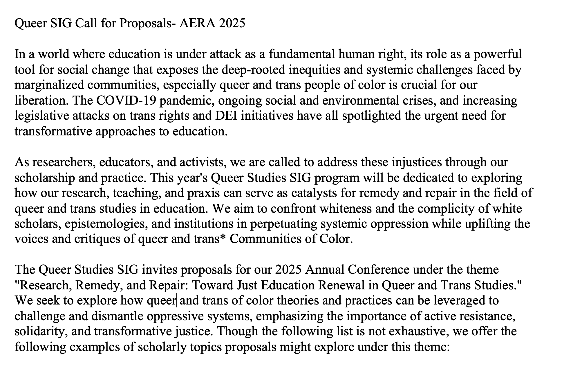 AERA Queer Studies SIG on X: &ldquo;Queer SIG Call for Proposals - AERA 