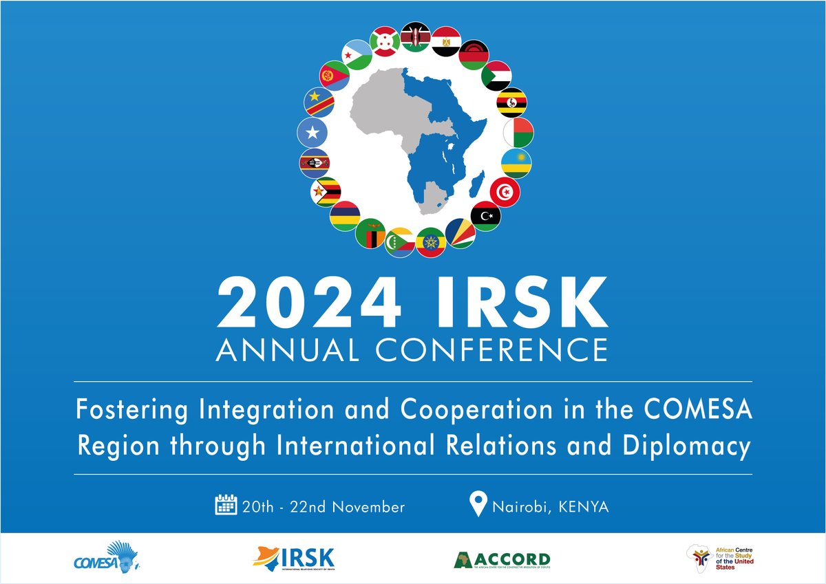📢 Save the Date! 📢
We're excited to announce the 2024 IRSK Conference that will take place on 20th - 22nd November 2024. Organized in partnership with <a href="/COMESA_GPS/">COMESA Governance, Peace and Security</a>, <a href="/ACCORD_online/">ACCORD</a> and <a href="/ACSUS15/">The African Centre for the Study of the US</a>. More details to come – stay tuned! #2024IRSKCONFERENCE