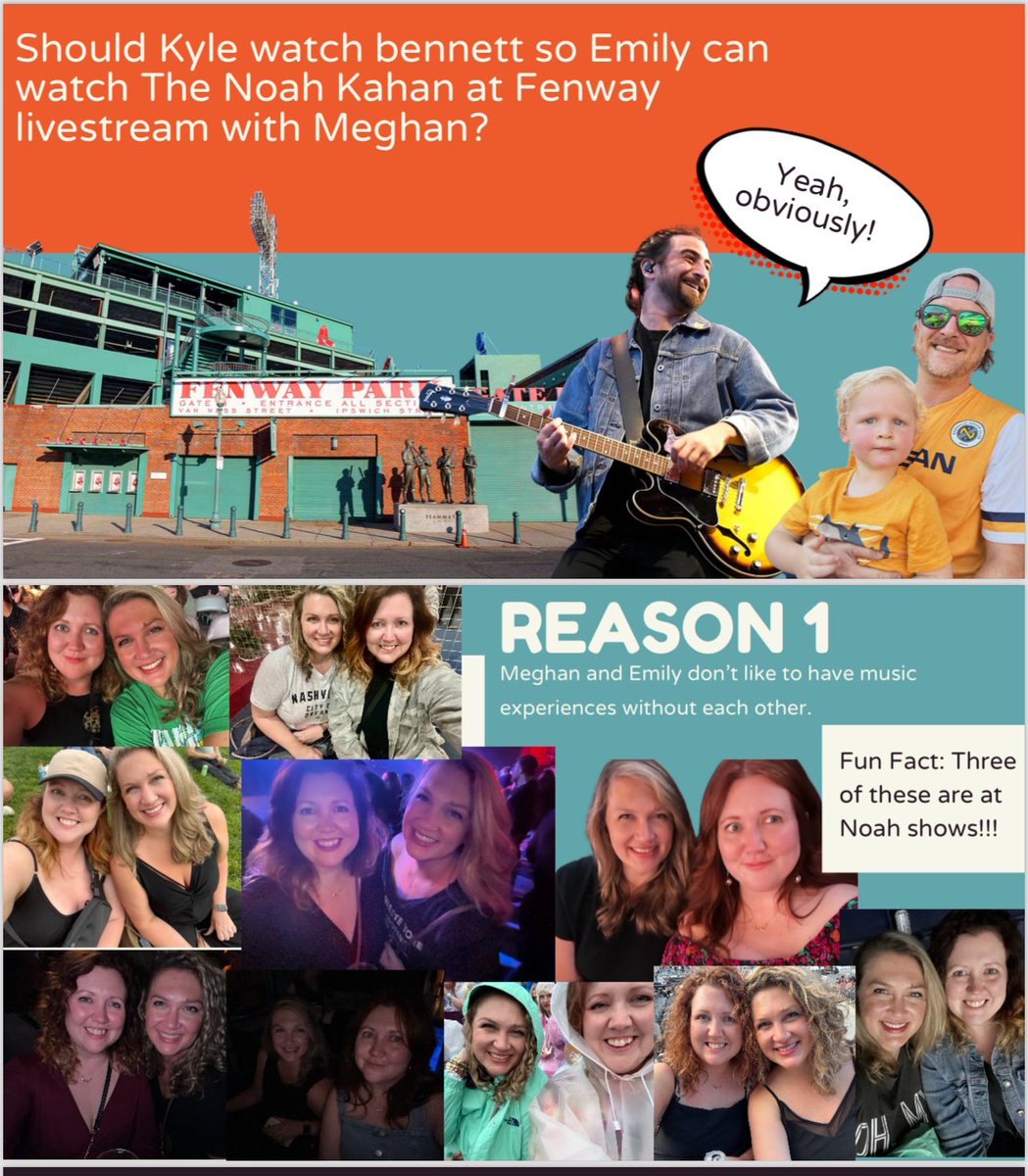 MegggL's tweet photo. Made a slideshow for my friend to present to her husband on why he should stay home with the kids so we can watch the @NoahKahan livestream at @fenwaypark tonight. #noahkahan #fenway https://t.co/b8xnAJatpX