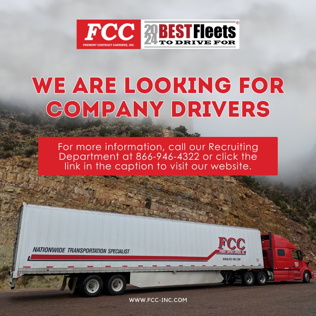FCC_INC's tweet photo. 🚛 Join our team! We're looking for company drivers. For details, contact our Recruiting Department at 866-946-4322 or visit our website via this link https://t.co/SYwqNJRJvM  

#NowHiring #FCC #JoinOurTeam https://t.co/si8nv6Ybgx
