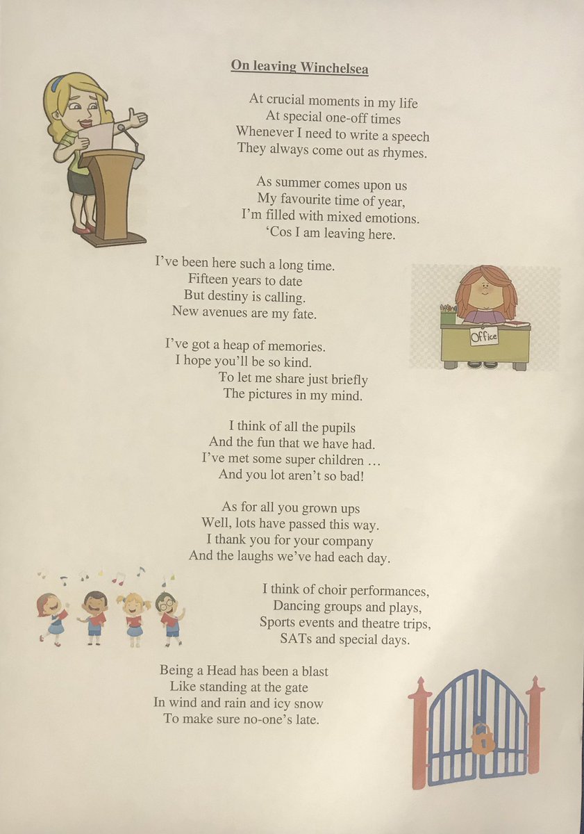 MissHDuckett's tweet photo. You have all added to my memories which are the most important thing for me. Winchelsea will always be in my heart and none of you are far away so I will be keeping in touch. Have a wonderful summer and for those that weren’t here to hear my last words I share my poem x https://t.co/ewgt6wUXhX