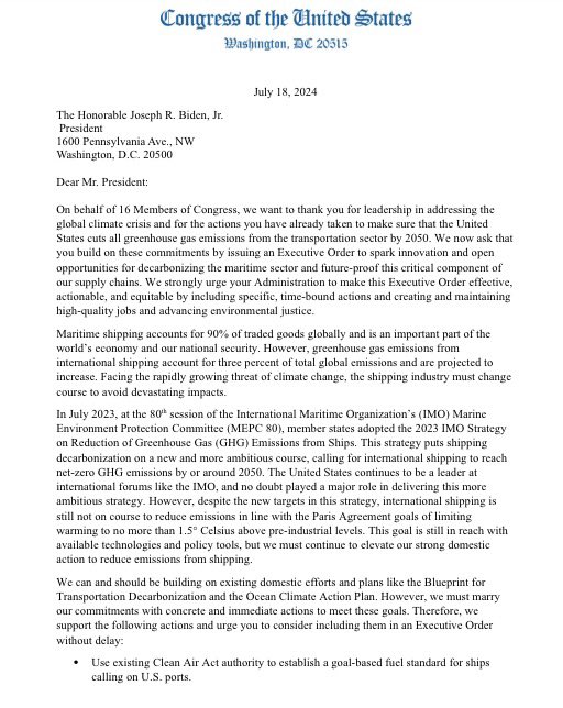RepBarragan's tweet photo. Pollution from cargo ships affects the public health of port communities & communities of color, including #CA44.  
 
Proud to lead a letter w/ my colleagues to urge @POTUS to build on his climate leadership w/ an Executive Order that supports maritime industry decarbonization!
 
Clean shipping means healthier air and a sustainable future for port & coastal communities.#ClimateAction #PublicHealth #EnvironmentalJustice