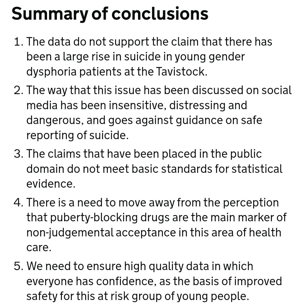 This is an incredibly important review by <a href="/ProfLAppleby/">louis appleby</a>, from <a href="/DHSCgovuk/">Department of Health and Social Care</a>.

It's not just the claims of one man that have been demolished. The whole edifice of suicide rhetoric from the trans activist movement comes tumbling down. 

gov.uk/government/pub…