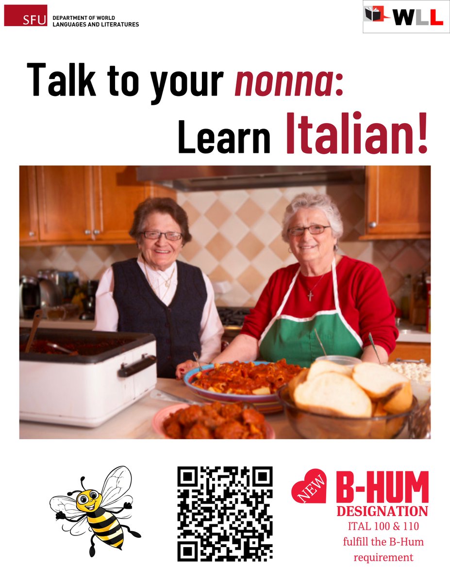 SFUWLL's tweet photo. Come study Italian with us this fall!!

https://t.co/dCnCfGJk95

• Learn "la bella lingua," the beautiful language in a fun and interactive class atmosphere
• Develop intercultural skills
• Be equipped for Canada's multilingual workspace
• Earn SFU B-Hum credit, https://t.co/y7hunB3WOn