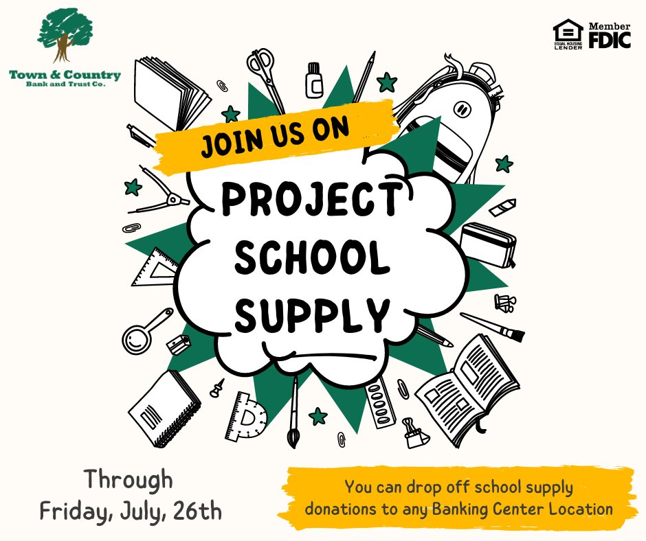 myTCBT's tweet photo. There's ONE week left to donate school supplies and help support our local students! You can drop off donations at any branch location. Let's help the OKH Chapter of Greater Louisville Association of Realtors pack the bus with as many school supplies as possible!

Member FDIC https://t.co/akzXZPiMMK