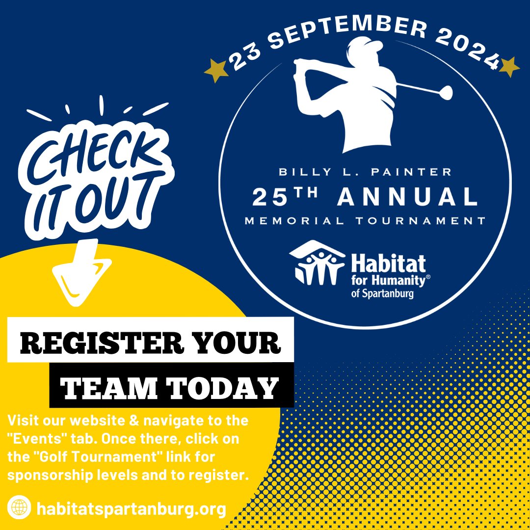 Register today! Gather your team &amp; sign up to support Habitat Spartanburg's mission of sparking generational change while transforming our community. Teams are limited so register now to secure your spot! ⛳️

Registration link: habitatspartanburg.org/golf-tournament