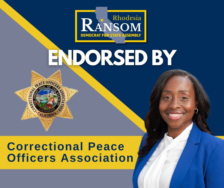 RhodesiaRansom's tweet photo. Iโm honored to have received the endorsement of the California Correctional Peace Officers Association. Their commitment to safety and justice aligns with my vision for Assembly District 13. Together, we will work towards a safer and more secure community. #VoteRansom #AD13 https://t.co/5qH1ZtpyW2