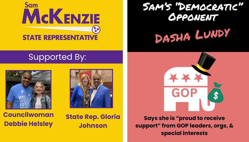 I'm proud to have the support of <a href="/VoteGloriaJ/">Rep. Gloria Johnson</a> , <a href="/DebbieHelsleyTN/">Councilwoman Debbie Helsley</a>, &amp; many more local Democratic leaders! 

Meanwhile, my opponent says she is "proud to receive support" from the GOP.