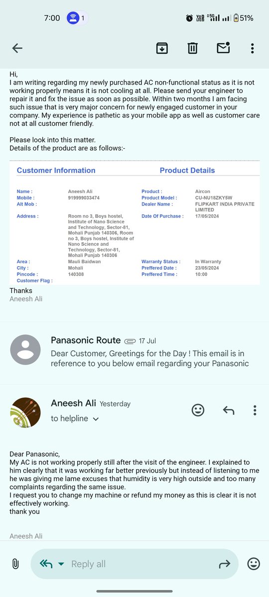 aneeshali95's tweet photo. @PanasonicIndia I bought a Panasonic AC initially it was working really well now it has pathetic experience with it as I am paying a bills for running AC not for cooling at all. Customer support is also very bad. I am demanding Panasonic to refund my money. https://t.co/RmbwJM6AQi