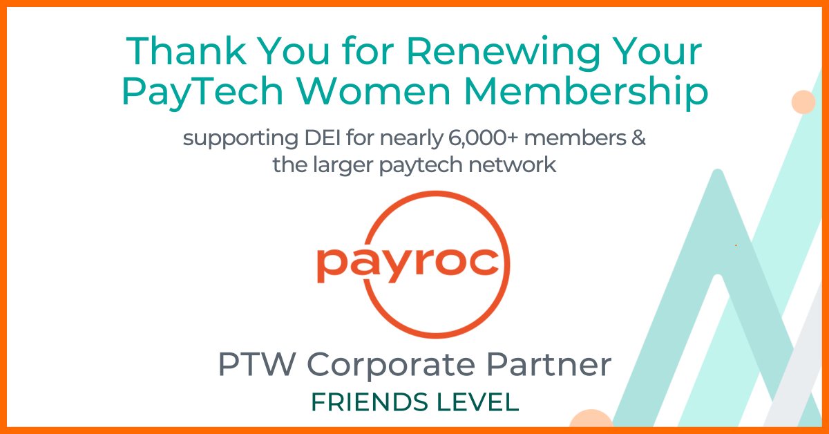 🙌THANK YOU to FRIENDS Corporate Partner <a href="/_Payroc/">Payroc</a> for renewing their #PayTechWomen Membership! We appreciate their support of #DEI for our nearly 6,000 members &amp; the #paytech network. 🙌
Join our #PTWPartners: bit.ly/3NSLxlV
#payments #fintech