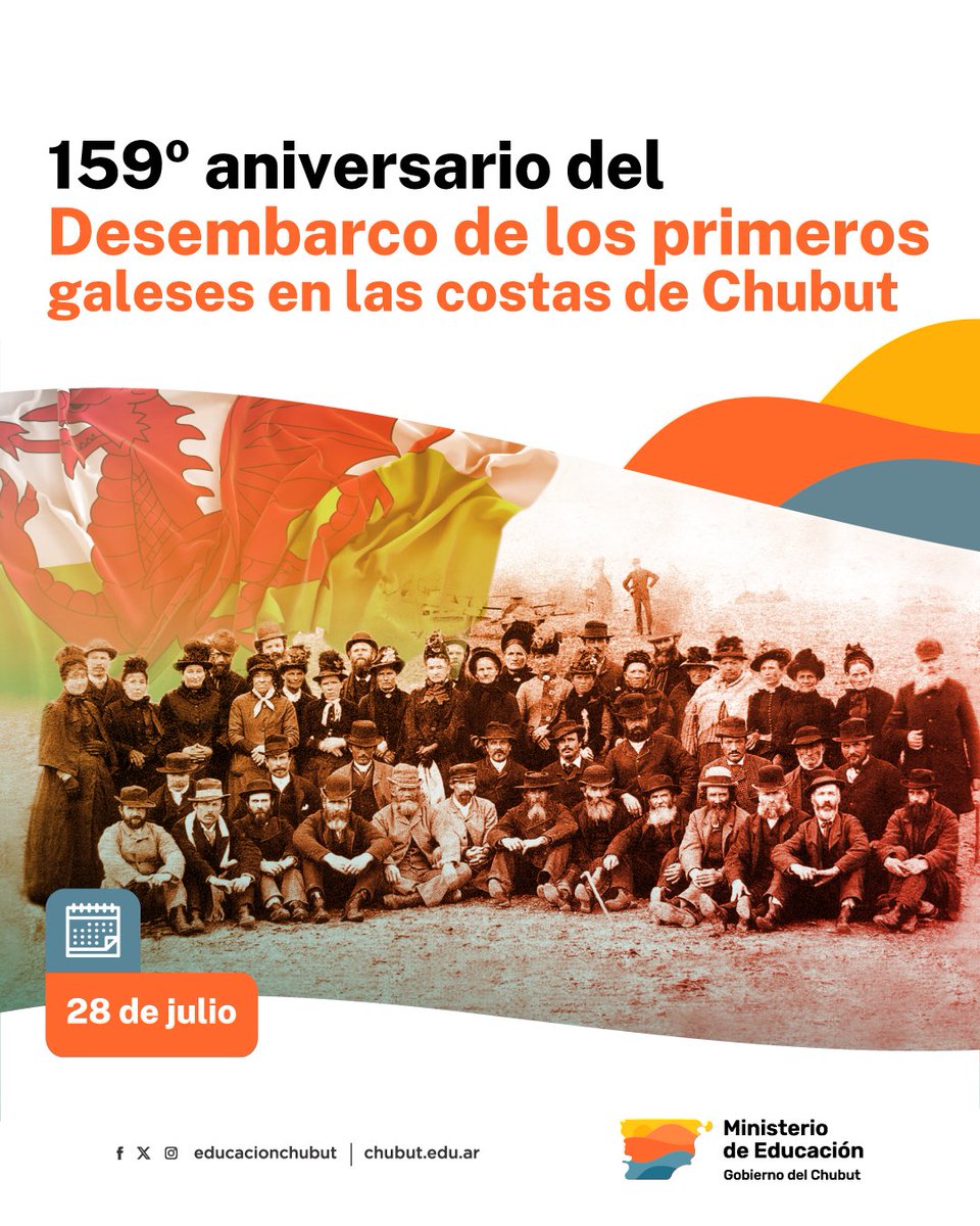 📅 El 28 de julio de 1865, desembarcaron en el actual Puerto Madryn, 153 hombres, mujeres y niños de distintos condados de Gales.

🙌 Los colonos, a través de su cultura, conformaron parte de la identidad del valle del Chubut.