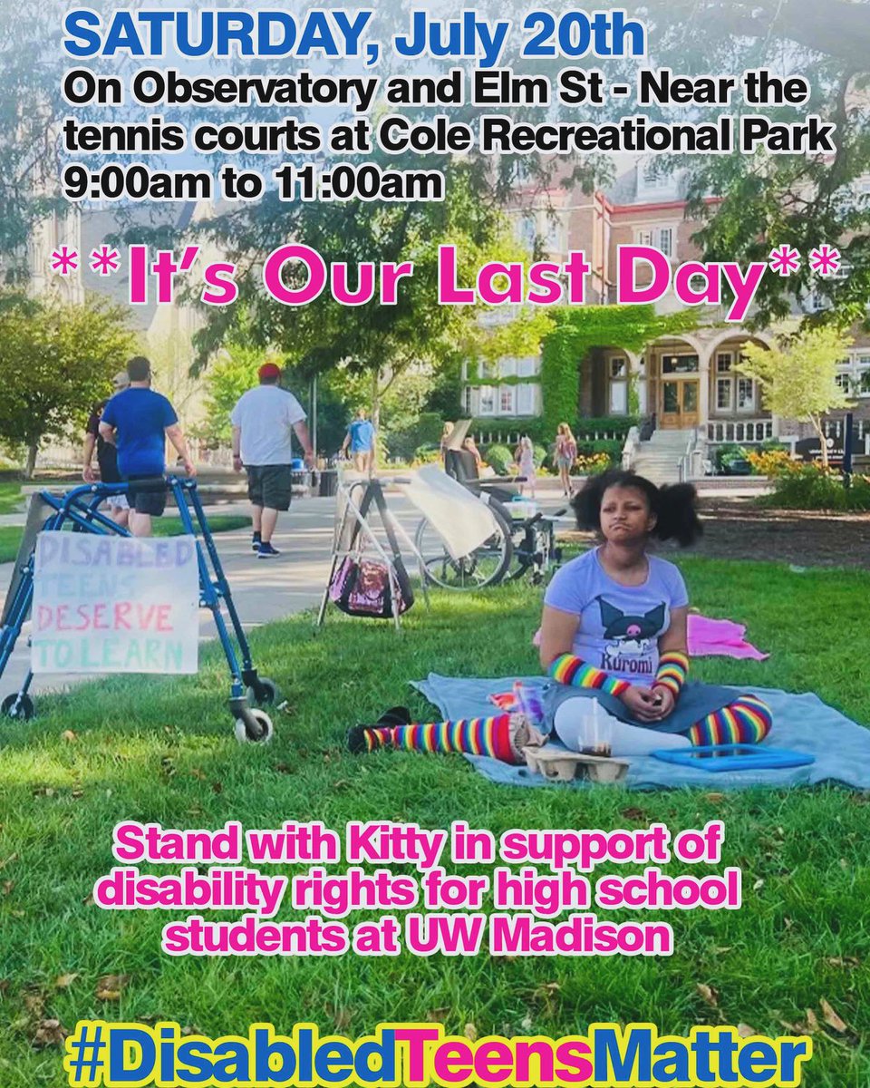 Kitty_Matters's tweet photo. Kitty was terminated from the ⁦@UWMadison Accelerated Learning Program because ⁩UW does not provide disability support to high school students. Saturday is the last day of our 21-day protest. Join us to make a difference for the future of our kids in WI.  See you there! https://t.co/lcdxts2W8f