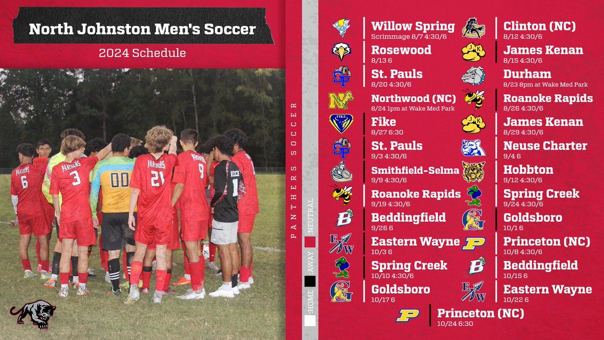 North Johnston schedule release Day 5!  Today we feature the Menś Panther soccer program!  The Panthers will be led by 1st year coach Ben Fitzgerald. Two game times are listed if there will be a JV game before the varsity match. #NojoFamily