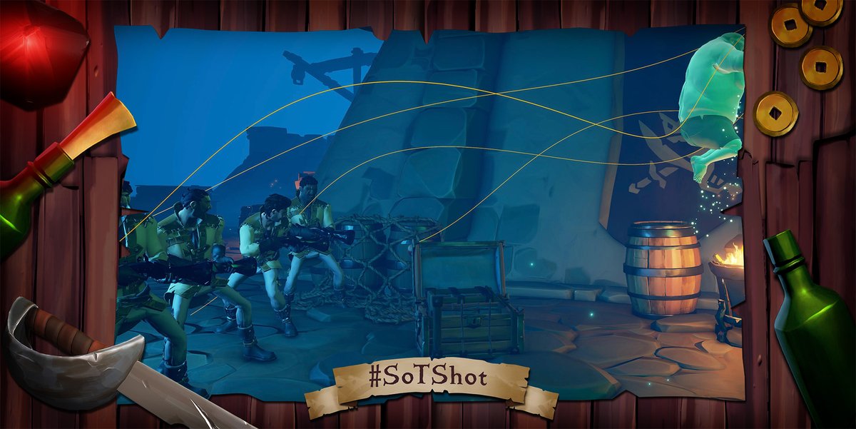 SeaOfThieves's tweet photo. Cinema-loving corsairs recreated film frames aplenty for the latest run of the Movie Moments #SoTShot theme, but @shortsaturnx, @HeSlashThem, @BeardBerserk and @Pipsuwu impressed our crew the most. DMs inbound!

Thanks to all who entered. A new, athletic theme begins July 22nd. https://t.co/P2MsowAcfl