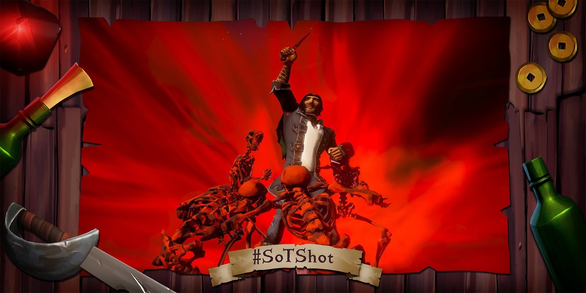 SeaOfThieves's tweet photo. Cinema-loving corsairs recreated film frames aplenty for the latest run of the Movie Moments #SoTShot theme, but @shortsaturnx, @HeSlashThem, @BeardBerserk and @Pipsuwu impressed our crew the most. DMs inbound!

Thanks to all who entered. A new, athletic theme begins July 22nd. https://t.co/P2MsowAcfl