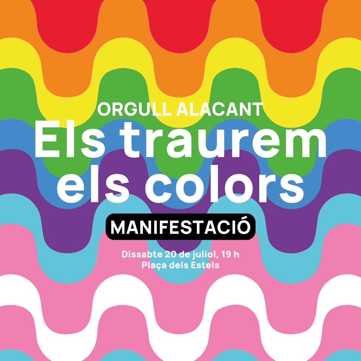 🏳️‍🌈🏳️‍⚧️ Orgull LGTBIQ+ d'Alacant 

📆 Dissabte 20 de juliol 
🕖 A les 19.00 h
📍 Plaça dels Estels

🪧📢 Vine amb nosaltres a la mani!
📍 Seu de @compromisalc (Av. General Marvà, 39) 
🕡 18.30 h

#ElsTrauremElsColors 🌈