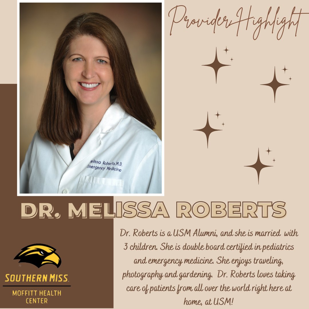 USMhealth's tweet photo. Provider Highlight! ๐ฉบ ๐ฆ
Dr. Melissa Roberts has been with Moffitt Health Center since 2011. ๐๐ค
#stayhealthyeagles #mhcttt https://t.co/uQs1Q8N7TT