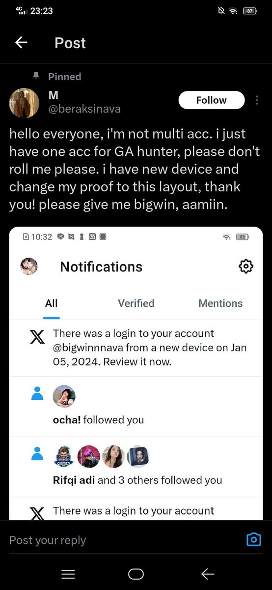 easy_cuan's tweet photo. before @.bigwinnnava is suspend, and now @beraksinava is got locked by x. i can't use that e-mail before so i can't login back to restore my acc. 

i'm not multi acc, i create a new accounts for joining giveaways. sorry, you can track me on with that proof. DO NOT REROLL ME!!! https://t.co/1OJ0xKQtrS