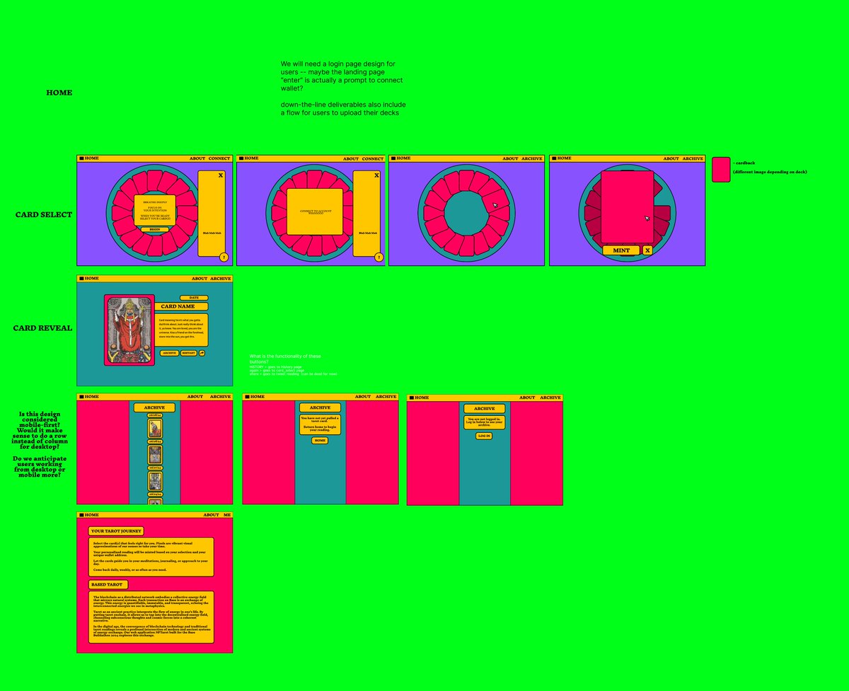 <a href="/farcaster_xyz/">Farcaster</a>  peeps! Help us get support for future building by engaging with this post: warpcast.com/taramoves/0xe9…

It's wild to think how far we've come with developing @nftarot_xyz  ✨ here's some initial mockups/marked up mockups along the way. 

✨✨✨