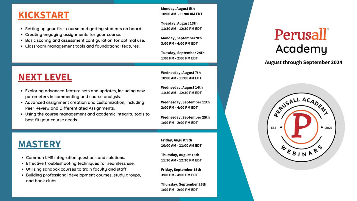 🎓 Perusall Academy starts Aug 5th! Join our free webinars to master best practices, from newbies to seasoned users, and explore the latest features. Register now: hubs.li/Q02HgR_n0
#Perusall #PerusallAcademy #Webinars #TrainingSeries