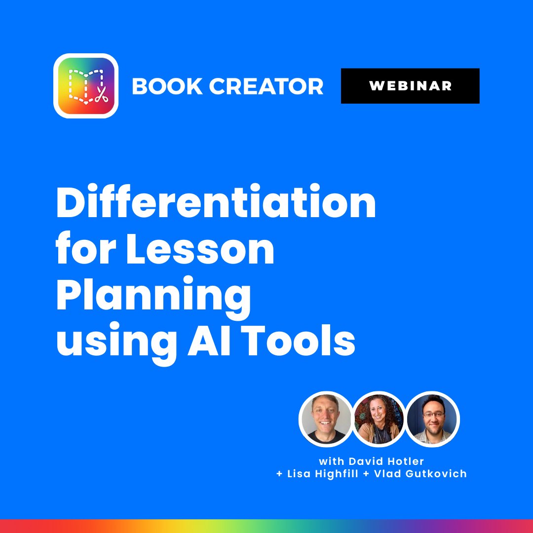 Book Creator Team (@bookcreatorapp) on Twitter photo 🌞⏪ Summer Rewind: Watch our webinar with <a href="/lhighfill/">Lisa Highfill</a>, <a href="/itsvladg/">Vlad Gutkovich</a> and <a href="/dhotler/">David Hotler 🌈 ❤️</a>!
🔍 Differentiation for Lesson Planning using AI Tools.
Watch the webinar here 👉hubs.la/Q02Fn_0M0
#SummerRewind #LessonPlanning #AITools #Education #BookCreator #HyperDocs #Webinar 🌞⏪ Summer Rewind: Watch our webinar with <a href="/lhighfill/">Lisa Highfill</a>, <a href="/itsvladg/">Vlad Gutkovich</a> and <a href="/dhotler/">David Hotler 🌈 ❤️</a>!
🔍 Differentiation for Lesson Planning using AI Tools.
Watch the webinar here 👉hubs.la/Q02Fn_0M0
#SummerRewind #LessonPlanning #AITools #Education #BookCreator #HyperDocs #Webinar