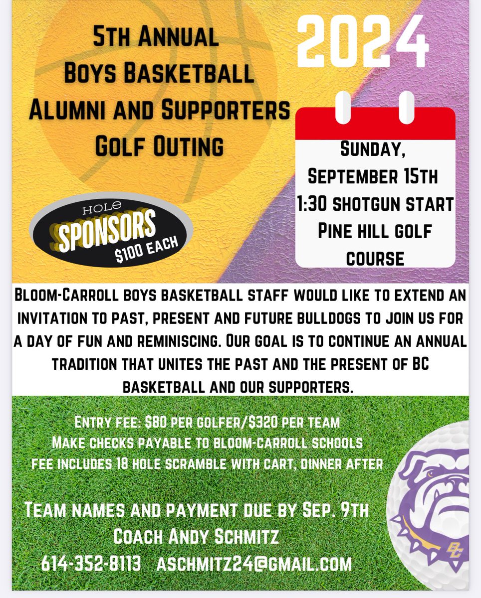 The Bloom-Carroll Boys Basketball team will be hosting our annual golf outing on September 15th at Pine Hill Golf Course. Please contact Coach Schmitz for registration and/or hole sponsorship. 
Go Bulldogs!