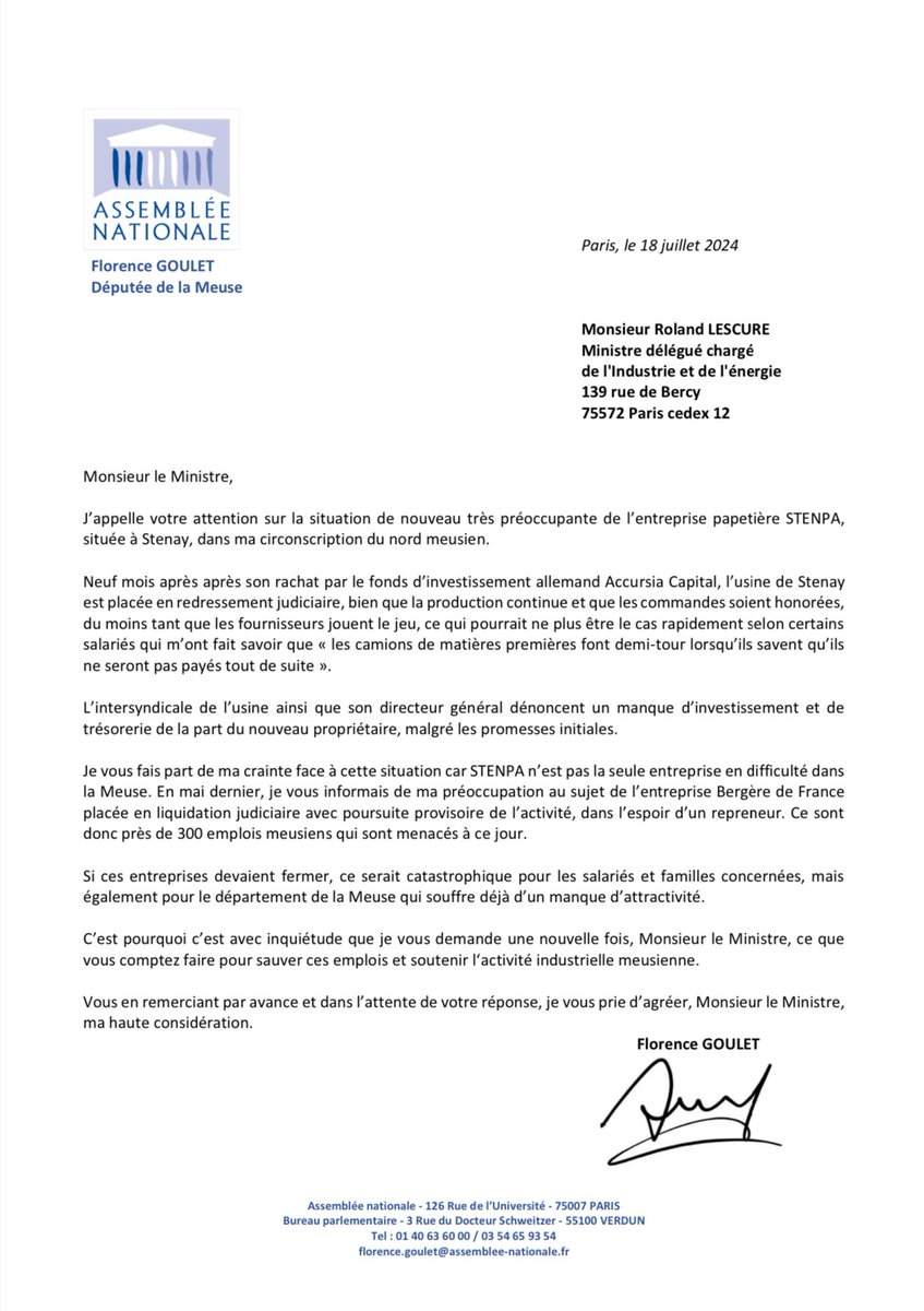 FlorenceGoulet4's tweet photo. ✍🏼 Suite aux grandes difficultés rencontrées par la papeterie STENPA à Stenay, j’ai une nouvelle fois alerté le Ministre Roland Lescure, toujours en charge de l’industrie.
Ma mobilisation est totale pour défendre cette entreprise. 🏭
#RN #Meuse #stenay https://t.co/21Y7sJlau1