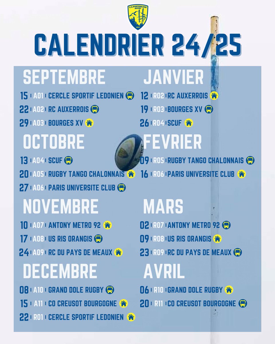 CAPontarlier's tweet photo. 🏉 Le 𝒄𝒂𝒍𝒆𝒏𝒅𝒓𝒊𝒆𝒓 2024/2025 𝒅𝒖 𝑪𝑨𝑷 !

🟡 Premier match le 15 septembre à Lons-le-Saunier

🔵 Premier match à Paul-Robbe le 29 septembre face à Bourges

🟡 Dernier match à Paul-Robbe le 6 avril pour le derby contre Grand Dole Rugby

#Pontarlier #Fed2 https://t.co/kkpS1xgHKX