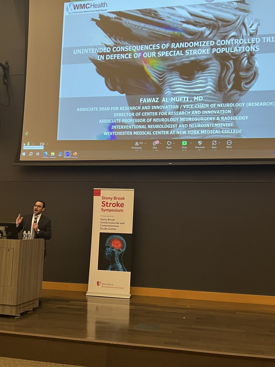 We are so lucky to have our alumni Dr. <a href="/almuftifawaz/">Fawaz Al-Mufti, MD, FSVIN</a> be our key note speaker for our Stonybrook Stroke symposium. 
Great talk today about special populations in MT. 
Bottom line is leave no LVO behind and advocate for all your patients regardless of the RCT!
#stroke #brain #LVO
