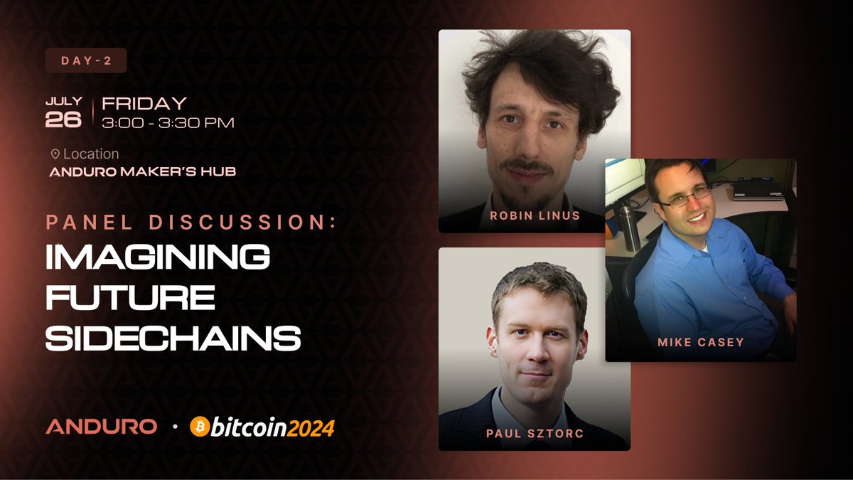 andurobtc's tweet photo. Join us next week in the @AnduroBTC Maker's Space at the @TheBitcoinConf for a captivating panel with @truthcoin, @robin_linus, and @theblackmarble,
imagining future #Bitcoinsidechains! https://t.co/mbaPJIW0KU