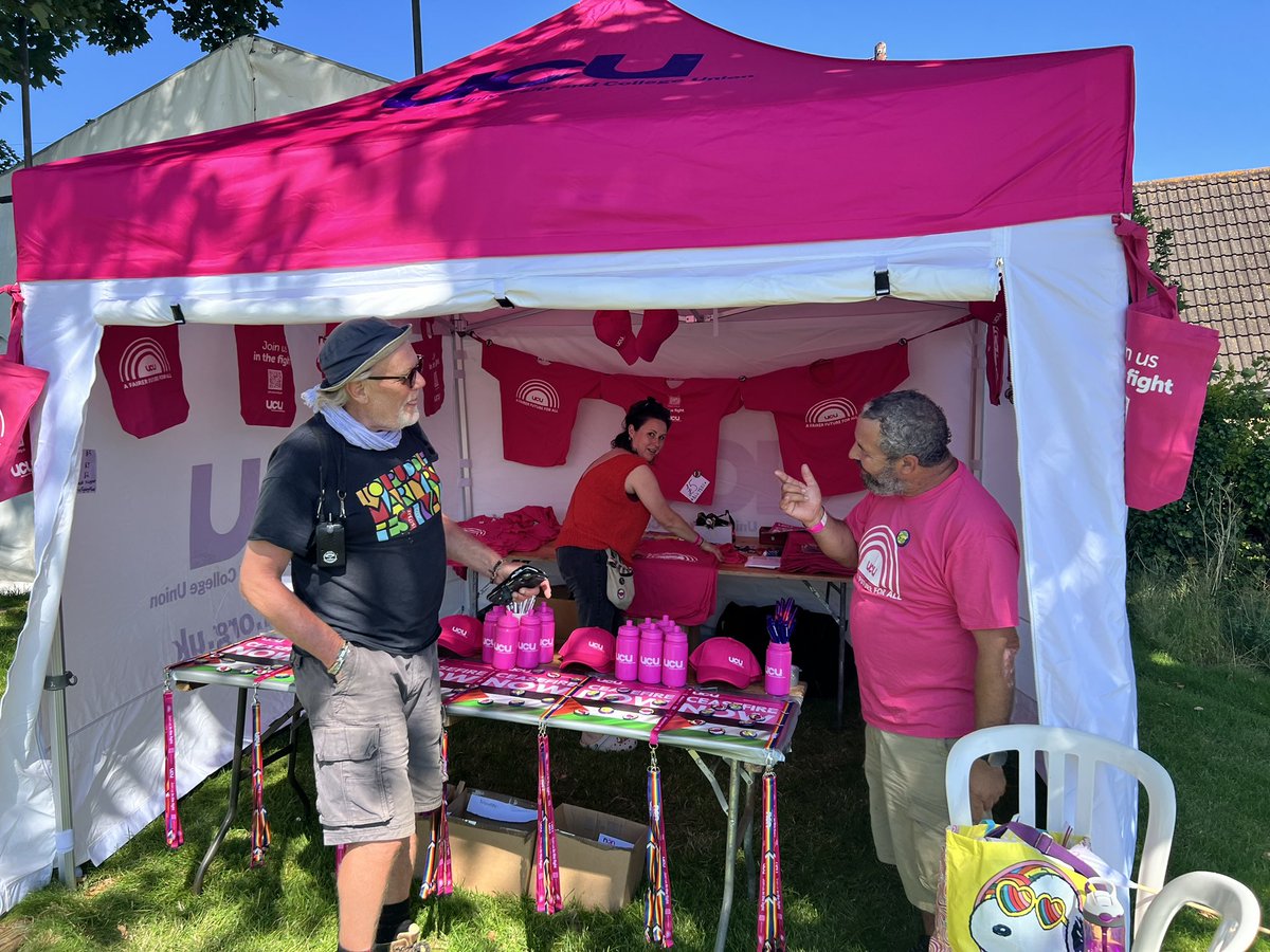 zenscara's tweet photo. Come and say hello at the @UCU #Tolpuddle stall, next to the International Tent! 
Our President Elect Maria @chondrogianni is speaking at 6 today (fringe tent) and tmw at 2.45 (Martyrs’ Marquee)
Stall as ever run by a mixture of HE and FE member volunteers - ready to chat! https://t.co/9XuzVRyG1d