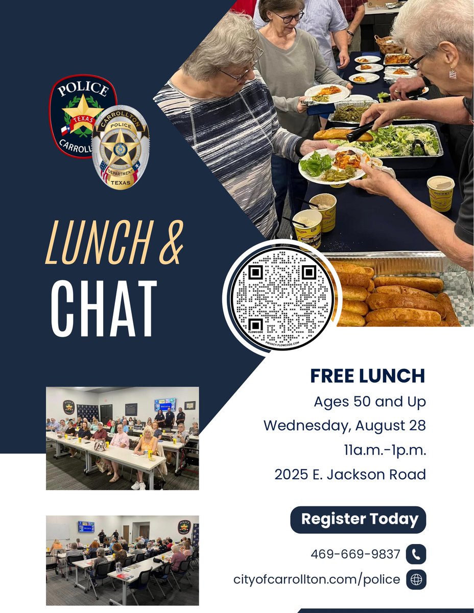 CarrolltonTXPD's tweet image. LUNCH &amp;amp; CHAT WITH CPD

Our July Lunch &amp;amp; Chat is fully booked, but there is still time to register for August! 

Register today at cityofcarrollton.com/police 

#CarrolltonTX #CarrolltonTXPD #LunchAndChat