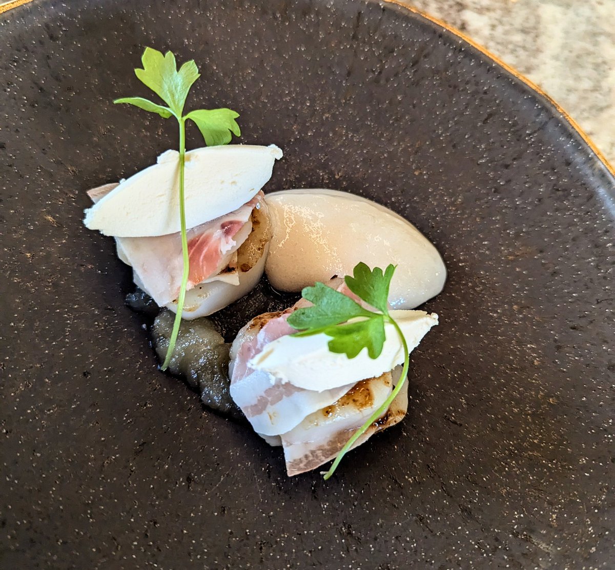 wmallettechef's tweet photo. Des fois dans le "Grind" du quotidien on oublie de s'arrêter et d'apprécier ce qu'on est en train de vivre! 
Pétoncle légèrement poché au jus de jambon, gelée de jambon, gras de porcelet fumé, sauce piquante (La démone, crème au beurre et sorbet de pétoncles au romarin! https://t.co/17JcXGnL2e