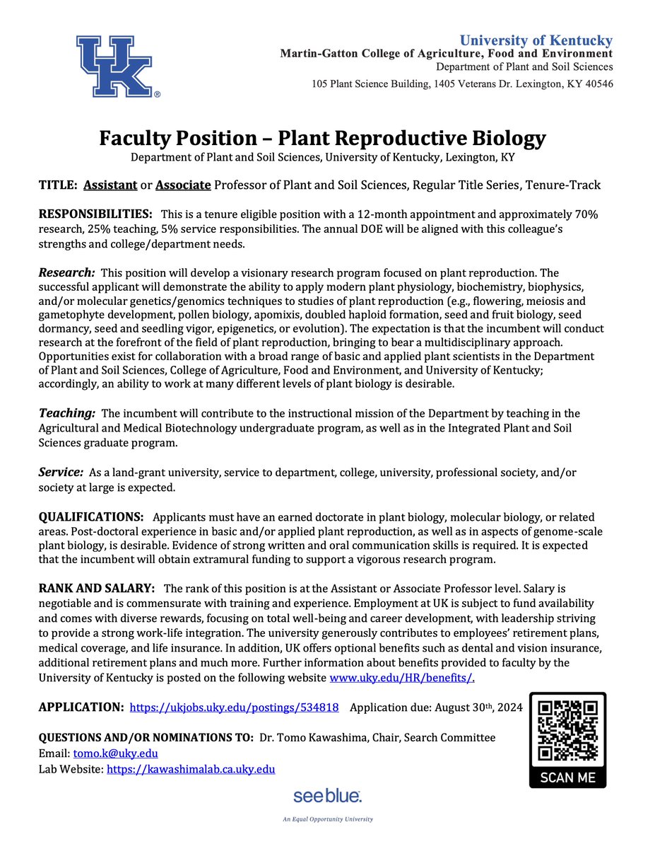 Faculty position in Plant Reproductive Biology! Application due is 8/30/2024. Please retweet. Thank you!