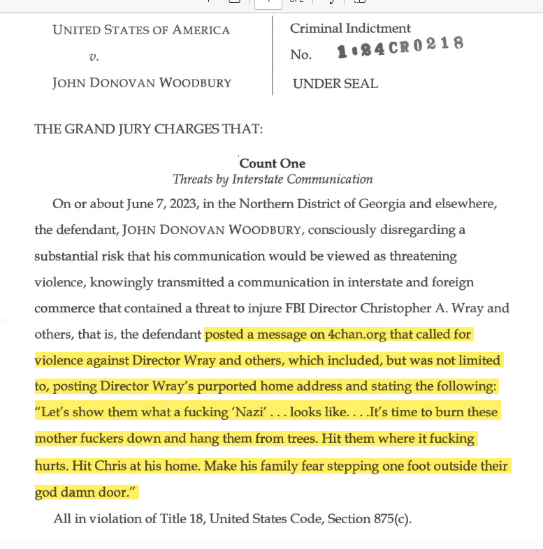 julie_kelly2's tweet photo. We may never know the motivation of the assassin or see a full, fair investigation into the attempted murder of Donald Trump but at least the FBI is investigating and arresting Americans who talk smack online about Chris Wray.

This is a legit indictment by DOJ filed last week https://t.co/mb1YfDM7I1
