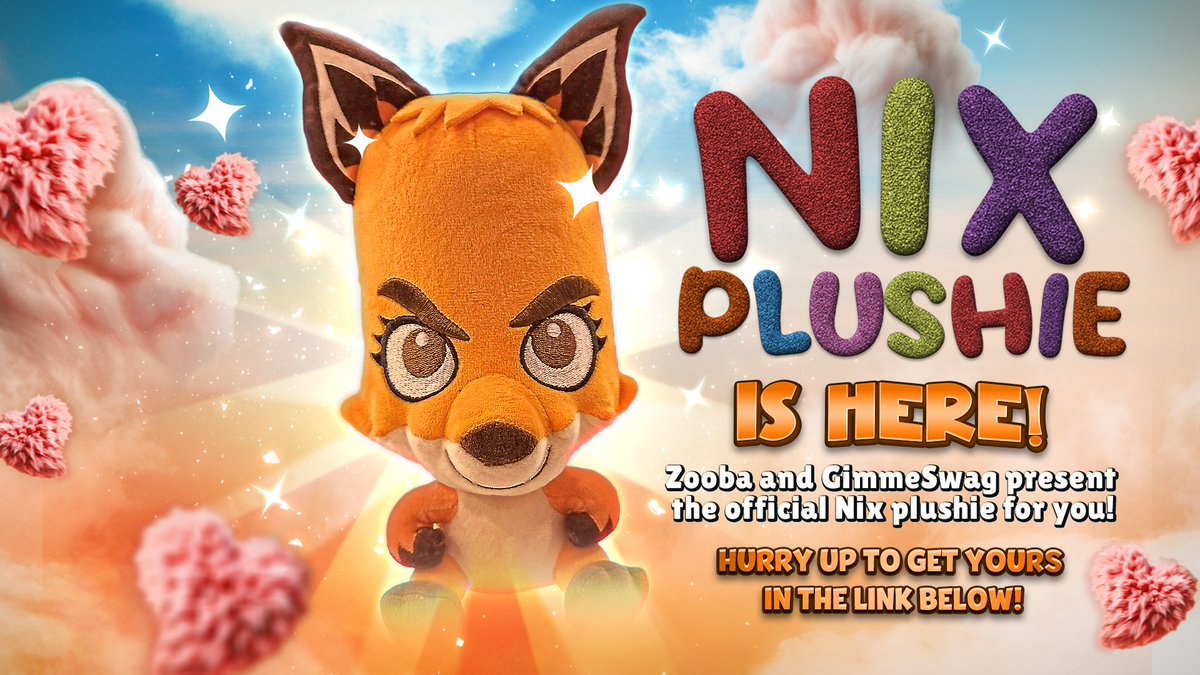 Hello Zoobsters!

We are super happy to announce our partnership with GimmeSwag to bring you news: Plushie Nix 🦊
It is your chance to have our beloved fox in your home!

If you don’t want to miss that chance, just click on this link and get yours -> bit.ly/3YeFd0B
