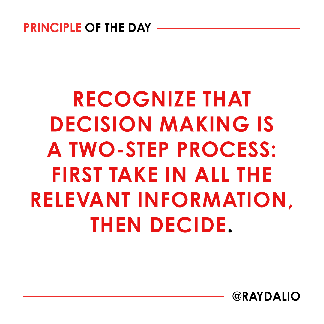 RayDalio's tweet photo. Most people are reluctant to take in information that is inconsistent with what they have already concluded. When I ask why, a common answer is: "I want to make up my own mind." These people seem to think that considering opposing views will somehow threaten their ability to decide what they want to do. Nothing could be further from the truth. Taking in others' perspectives in order to consider them in no way reduces your freedom to think independently and make your own decisions. It will just broaden your perspective as you make them.

 #principleoftheday