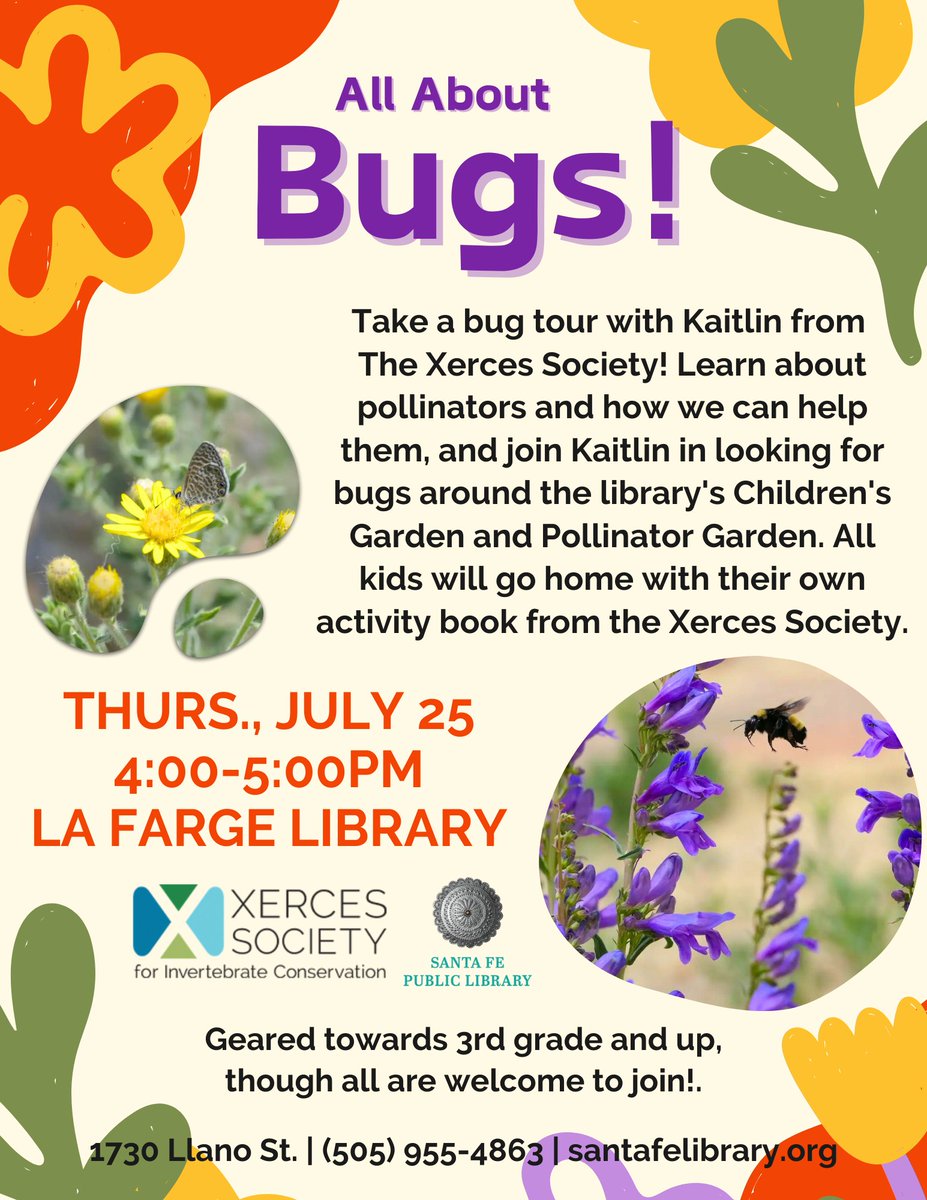 sfpl's tweet photo. All About #Bugs!
#LaFargeLibrary
Thurs Jul 25
4-5pm
Join us for a lively #BugTour w/ Kaitlin of @xercessociety! Learn about pollinators & how we can help them, & join Kaitlin in looking for bugs around the library's #ChildrensGarden and #PollinatorGarden. https://t.co/1rq3I3oA5n