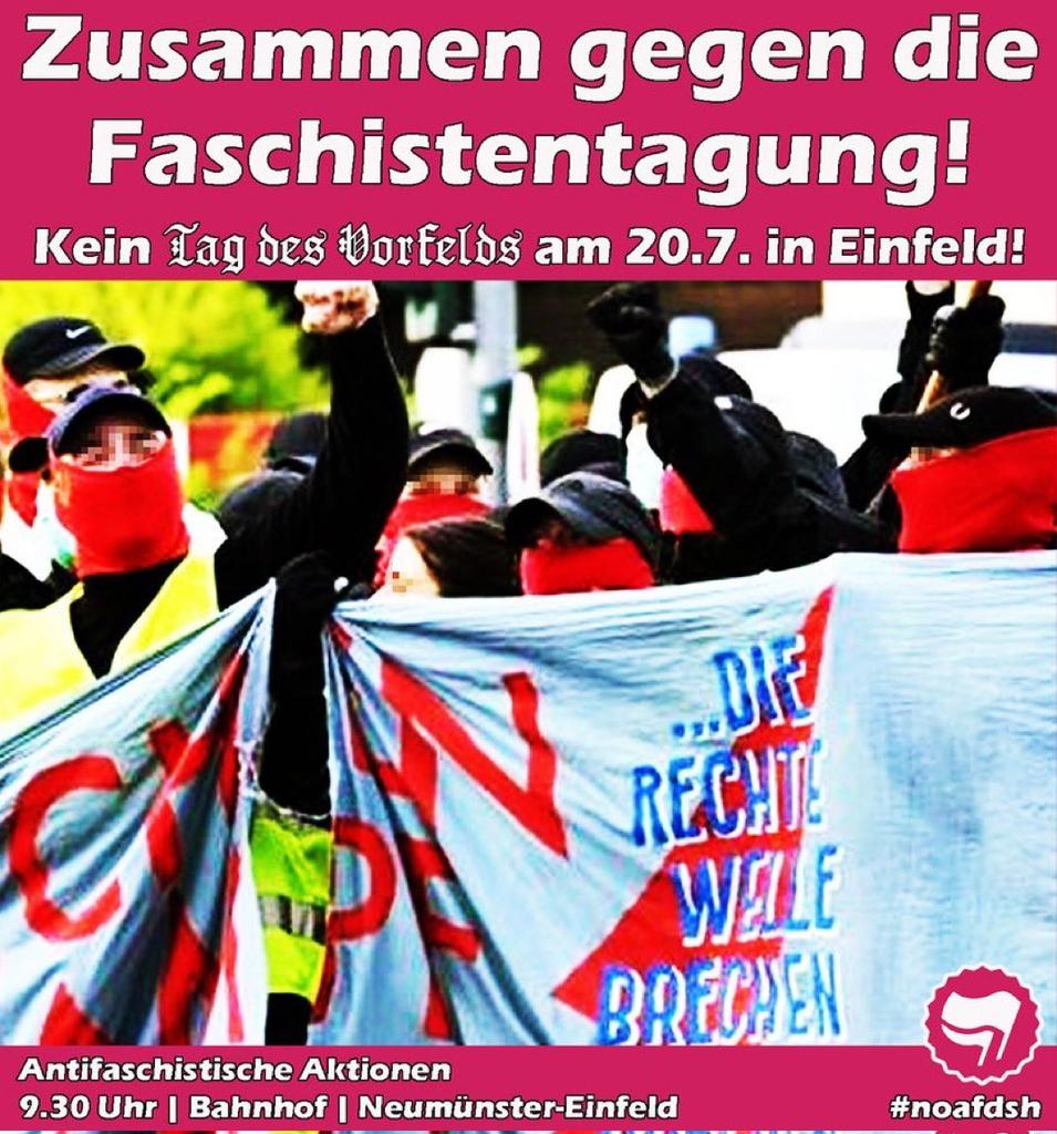 tkkgklima's tweet photo. Morgen alle zusammen gegen den "Tag des Vorfelds" der AfD auf die Straße!
Die #AfD trifft sich im Taverna Dionysos in Einfeld. Vermiesen wir den Faschisten den Tag!
Gemeinsame Anreise aus Kiel um 8:45 Uhr vom Hbf.
Ab 9:30 Uhr Gegenprotest vor Ort.
#nms2007 #noAfDSH https://t.co/C2kBC4Q9S3