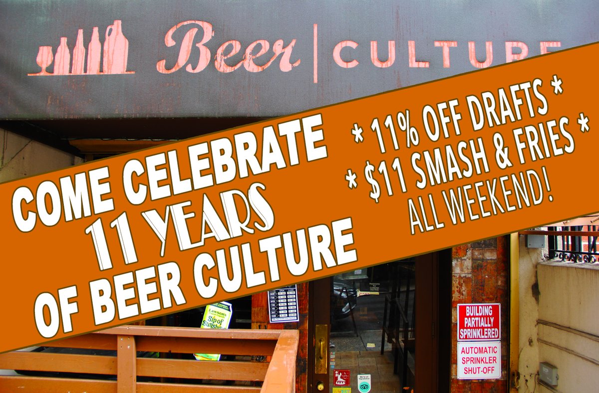 COME CELEBRATE OUR 11 YEARS IN BUSINESS WITH US 💥💥💥
11% OFF DRAFTS - $11 SMASH &amp; FRIES - ALL WEEKEND
WE OPEN AT 1PM FRI &amp; SAT - 3PM ON SUN
#beerculture #beerculturenyc #hellskitchen #craftbeer #craftkitchen #bottleshop #midtown #timessquarebar #TheaterDistrict #beer #beerlover