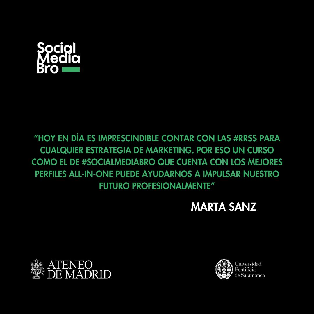 🗣️ Marta Sanz

“Hoy en día es imprescindible contar con las #rrss para cualquier estrategia de marketing. Por eso un curso como el de #SocialMediaBro (...) puede ayudarnos a impulsar nuestro futuro profesionalmente” 💯

¡Pide MÁS INFORMACIÓN en hola@socialmediabro.es!